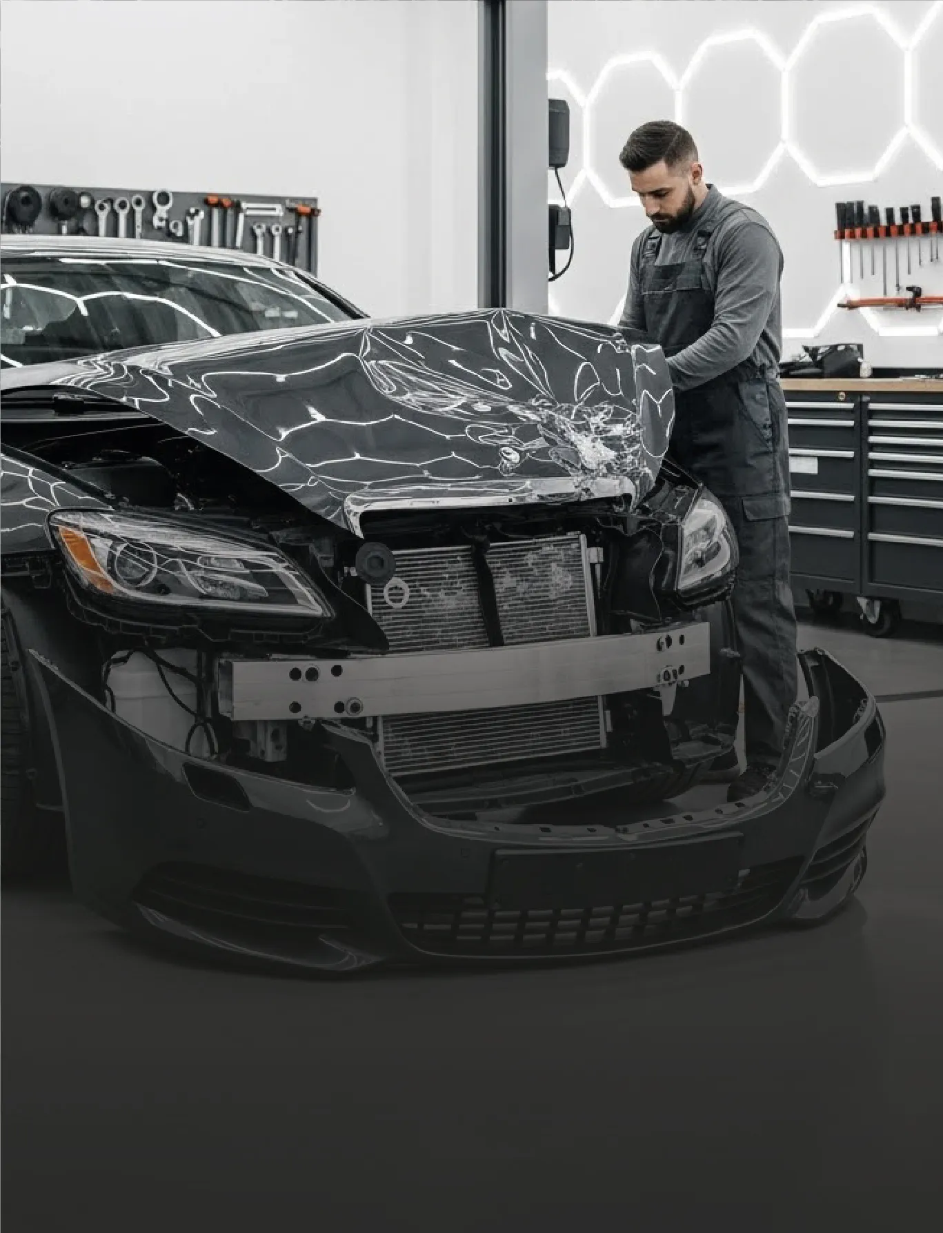 Vehicle engine bay during collision repair